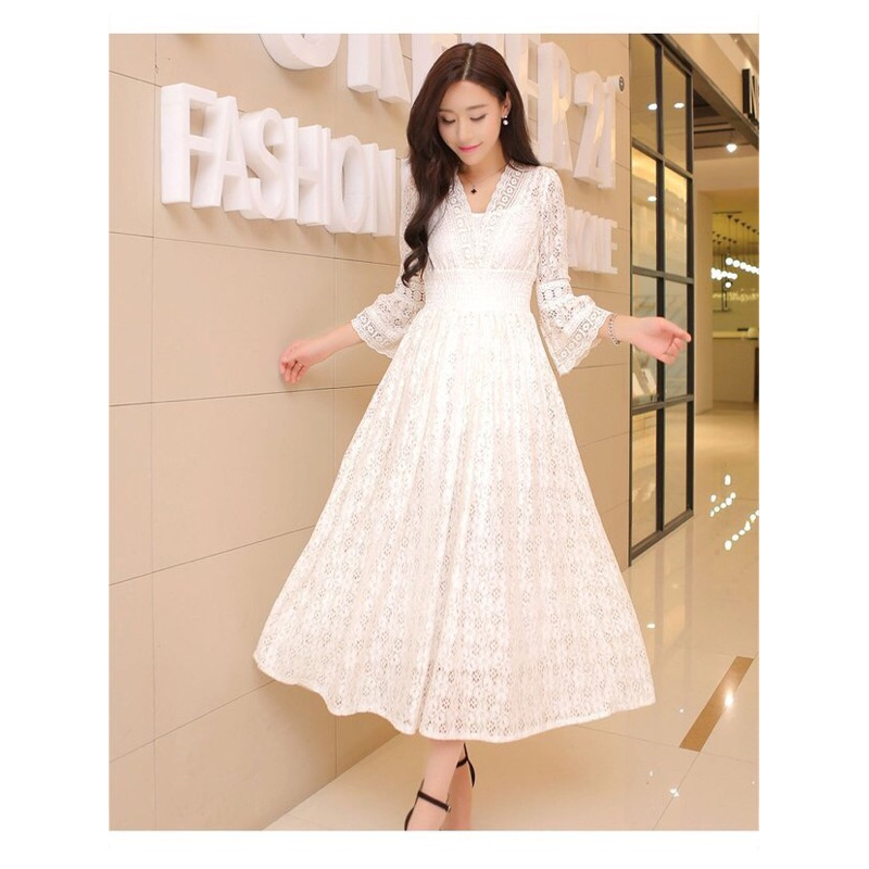 ❤️現貨在台，S.M.L 長裙 中大尺碼 伴娘 禮服 洋裝 蕾絲 v領 透膚 長袖 顯瘦 性感 喇叭袖-細節圖6