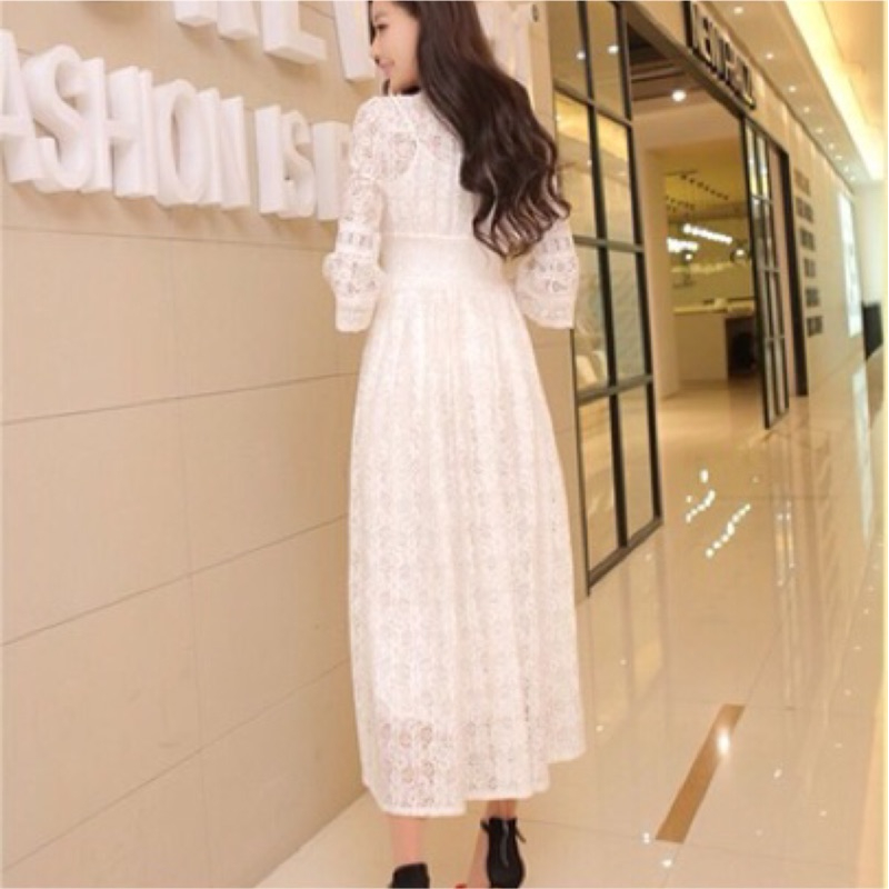 ❤️現貨在台，S.M.L 長裙 中大尺碼 伴娘 禮服 洋裝 蕾絲 v領 透膚 長袖 顯瘦 性感 喇叭袖-細節圖7