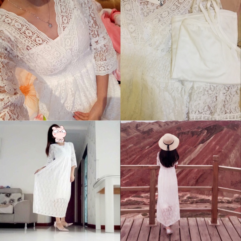 ❤️現貨在台，S.M.L 長裙 中大尺碼 伴娘 禮服 洋裝 蕾絲 v領 透膚 長袖 顯瘦 性感 喇叭袖-細節圖8