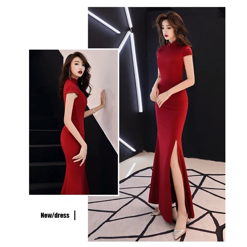 ❤️現貨在台，黑.藍.紅S-L 敬酒服 新娘 旗袍 魚尾 結婚 長裙 修身顯瘦 禮服 連衣裙 包臀 開叉 女神 角色扮演-細節圖2