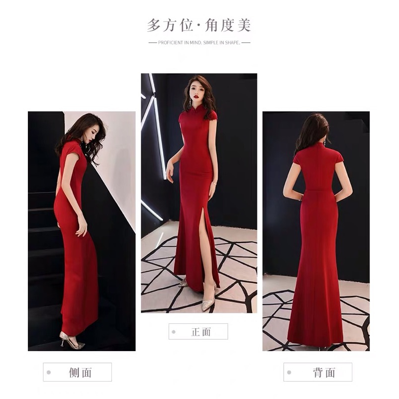 ❤️現貨在台，黑.藍.紅S-L 敬酒服 新娘 旗袍 魚尾 結婚 長裙 修身顯瘦 禮服 連衣裙 包臀 開叉 女神 角色扮演-細節圖4