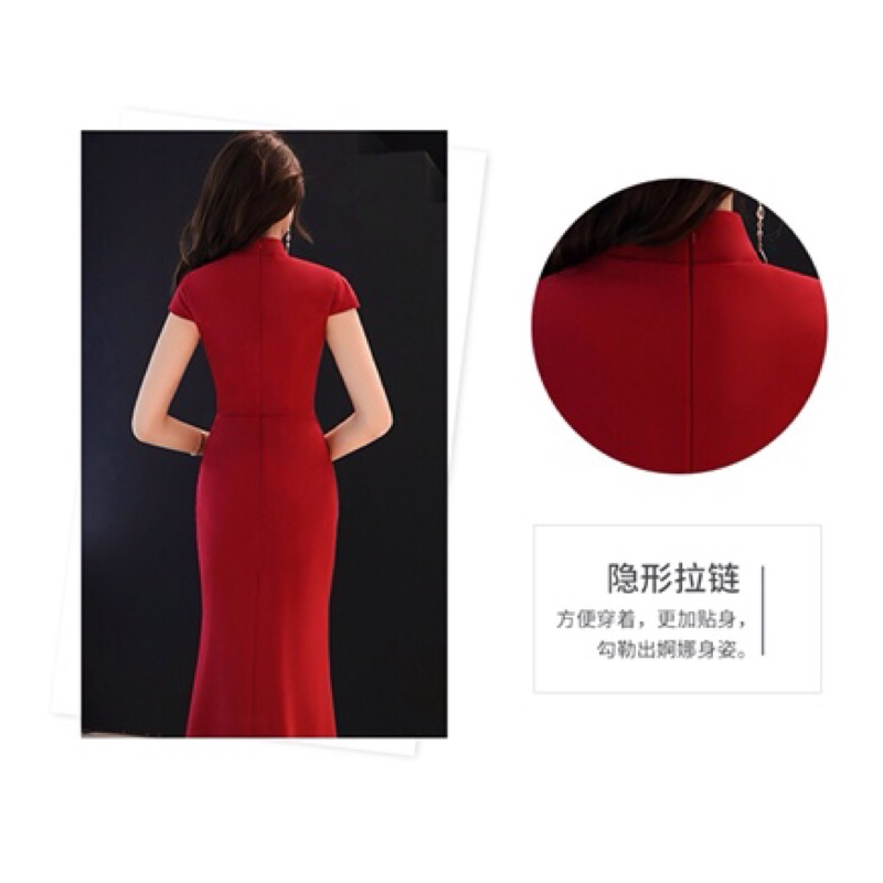 ❤️現貨在台，黑.藍.紅S-L 敬酒服 新娘 旗袍 魚尾 結婚 長裙 修身顯瘦 禮服 連衣裙 包臀 開叉 女神 角色扮演-細節圖6