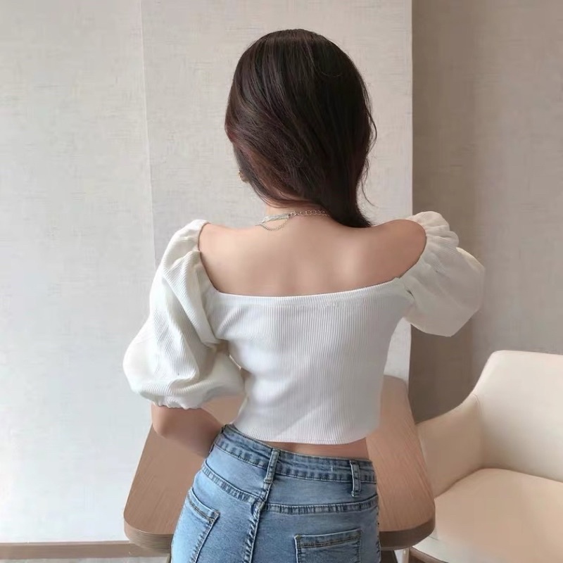 ❤️現貨在台，白 一字領 平口 性感 女神 泡泡袖 可愛 露肩 收腰 顯瘦 白色 短版 露肚臍 娃娃衫 針織 上衣-細節圖5