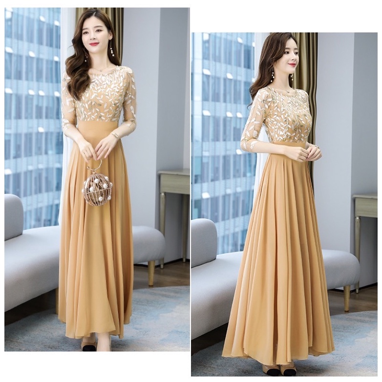 ❤️現貨在台，酒紅S- 4XL 雪紡 網紗 高質感 連衣裙 收腰 顯瘦 媽媽裙 高貴 名媛 氣質 長裙 禮服 婚宴 婆婆-細節圖2