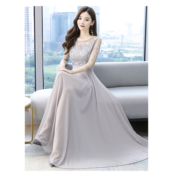 ❤️現貨在台，酒紅S- 4XL 雪紡 網紗 高質感 連衣裙 收腰 顯瘦 媽媽裙 高貴 名媛 氣質 長裙 禮服 婚宴 婆婆-細節圖3