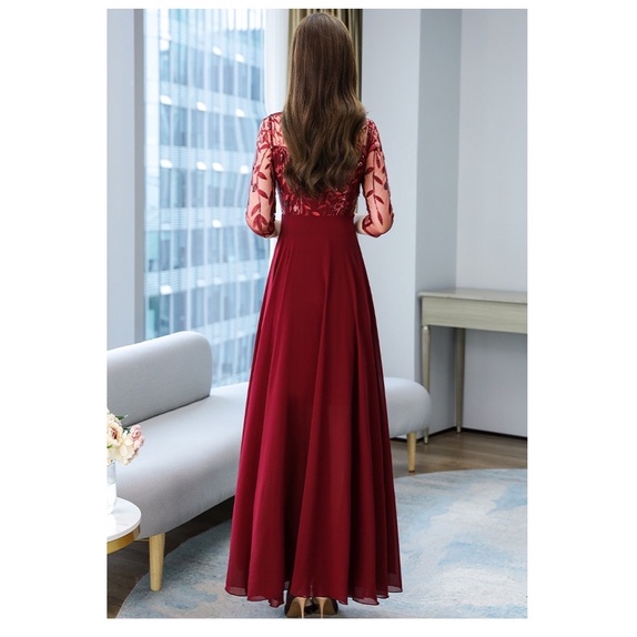 ❤️現貨在台，酒紅S- 4XL 雪紡 網紗 高質感 連衣裙 收腰 顯瘦 媽媽裙 高貴 名媛 氣質 長裙 禮服 婚宴 婆婆-細節圖4