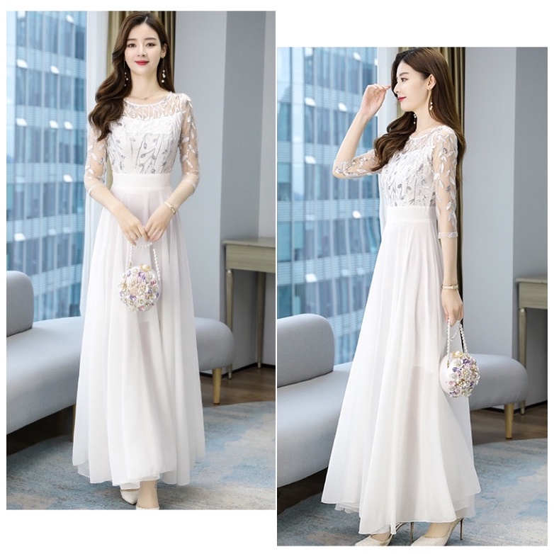 ❤️現貨在台，酒紅S- 4XL 雪紡 網紗 高質感 連衣裙 收腰 顯瘦 媽媽裙 高貴 名媛 氣質 長裙 禮服 婚宴 婆婆-細節圖7