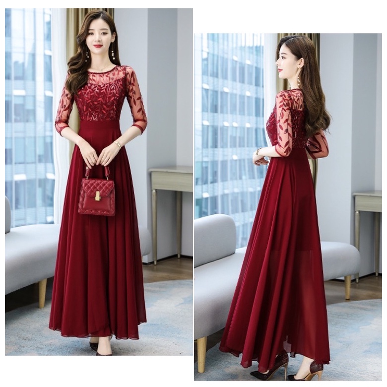 ❤️現貨在台，酒紅S- 4XL 雪紡 網紗 高質感 連衣裙 收腰 顯瘦 媽媽裙 高貴 名媛 氣質 長裙 禮服 婚宴 婆婆-細節圖8