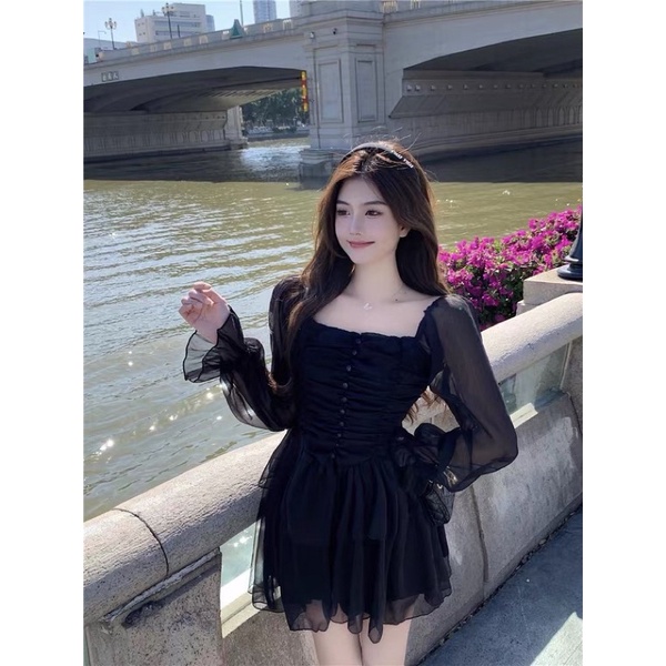 ❤️現貨在台，杏S- L氣質 仙女 伴娘 初戀 復古 褶皺 蓬蓬裙 法式 方領 長袖 雪紡 連衣裙 洋裝 禮服-細節圖2