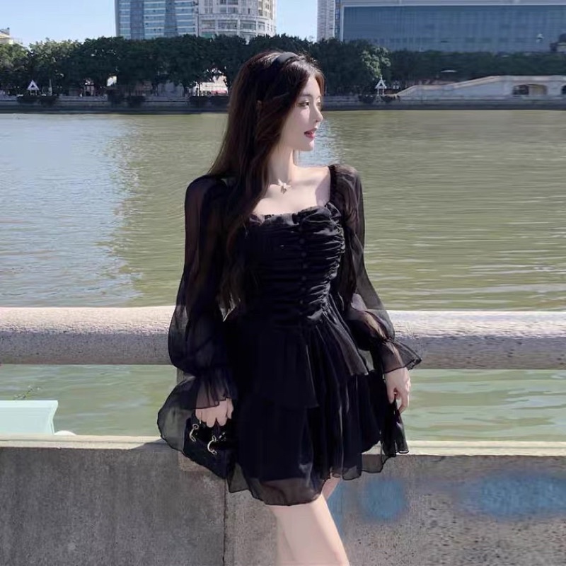 ❤️現貨在台，杏S- L氣質 仙女 伴娘 初戀 復古 褶皺 蓬蓬裙 法式 方領 長袖 雪紡 連衣裙 洋裝 禮服-細節圖3