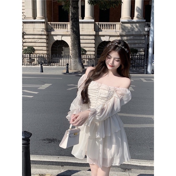 ❤️現貨在台，杏S- L氣質 仙女 伴娘 初戀 復古 褶皺 蓬蓬裙 法式 方領 長袖 雪紡 連衣裙 洋裝 禮服-細節圖4