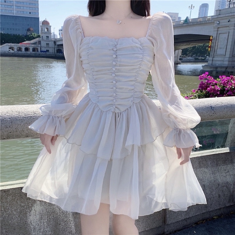 ❤️現貨在台，杏S- L氣質 仙女 伴娘 初戀 復古 褶皺 蓬蓬裙 法式 方領 長袖 雪紡 連衣裙 洋裝 禮服-細節圖5