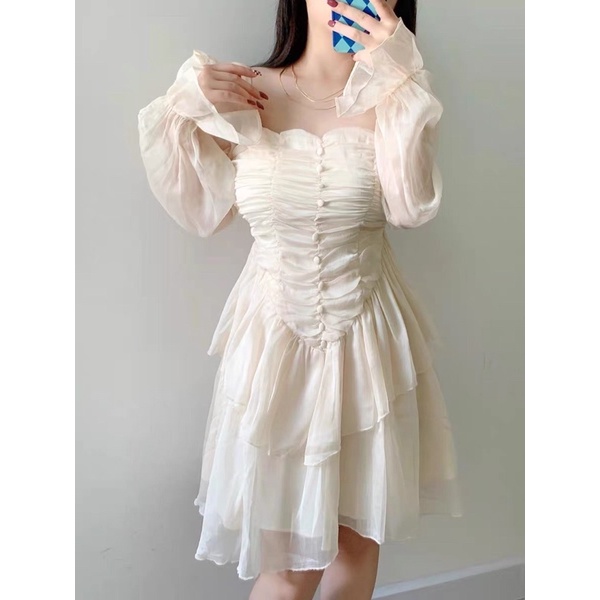 ❤️現貨在台，杏S- L氣質 仙女 伴娘 初戀 復古 褶皺 蓬蓬裙 法式 方領 長袖 雪紡 連衣裙 洋裝 禮服-細節圖7