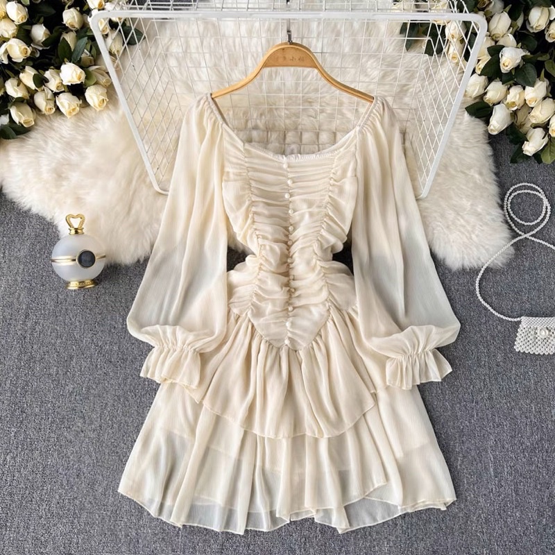 ❤️現貨在台，杏S- L氣質 仙女 伴娘 初戀 復古 褶皺 蓬蓬裙 法式 方領 長袖 雪紡 連衣裙 洋裝 禮服-細節圖8