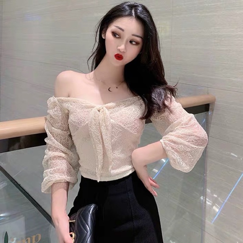 ❤️現貨在台，杏 蝴蝶結 性感 女神 夜店 仙女 一字領 露肩 長袖 系帶 鏤空 蕾絲 修身 露肚臍 平口 短版 上衣-細節圖2