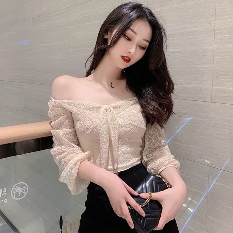 ❤️現貨在台，杏 蝴蝶結 性感 女神 夜店 仙女 一字領 露肩 長袖 系帶 鏤空 蕾絲 修身 露肚臍 平口 短版 上衣-細節圖4