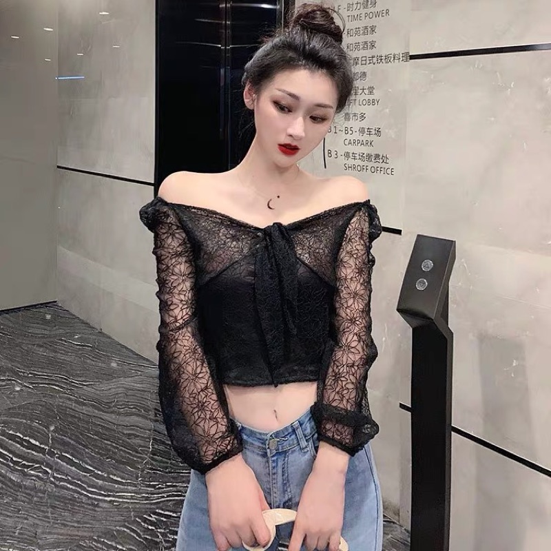 ❤️現貨在台，杏 蝴蝶結 性感 女神 夜店 仙女 一字領 露肩 長袖 系帶 鏤空 蕾絲 修身 露肚臍 平口 短版 上衣-細節圖5