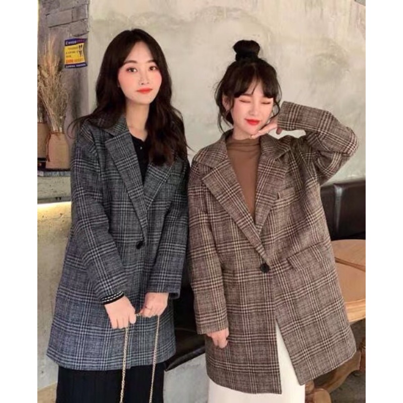 ❤️現貨在台，咖啡 實穿 實拍 大衣 格子 格子外套 復古 赫本風 毛呢 外套 加厚 類西裝 寬鬆 顯瘦 女神 開襟-細節圖2
