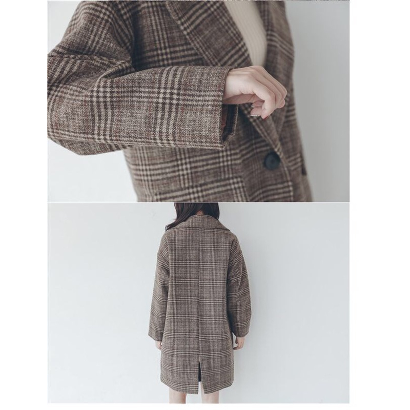 ❤️現貨在台，咖啡 實穿 實拍 大衣 格子 格子外套 復古 赫本風 毛呢 外套 加厚 類西裝 寬鬆 顯瘦 女神 開襟-細節圖5