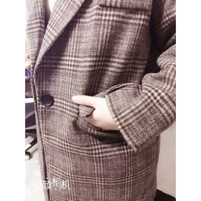 ❤️現貨在台，咖啡 實穿 實拍 大衣 格子 格子外套 復古 赫本風 毛呢 外套 加厚 類西裝 寬鬆 顯瘦 女神 開襟-細節圖8