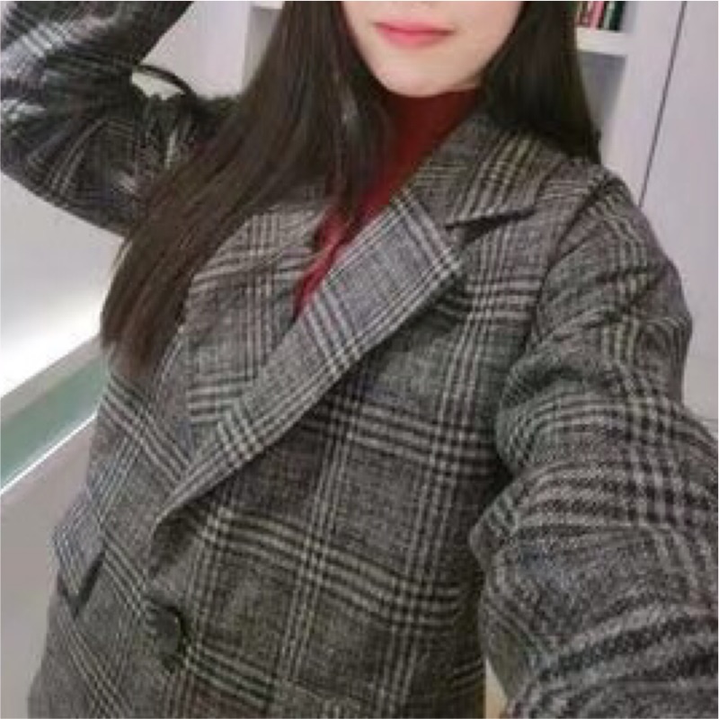 ❤️現貨在台，咖啡 實穿 實拍 大衣 格子 格子外套 復古 赫本風 毛呢 外套 加厚 類西裝 寬鬆 顯瘦 女神 開襟-細節圖9