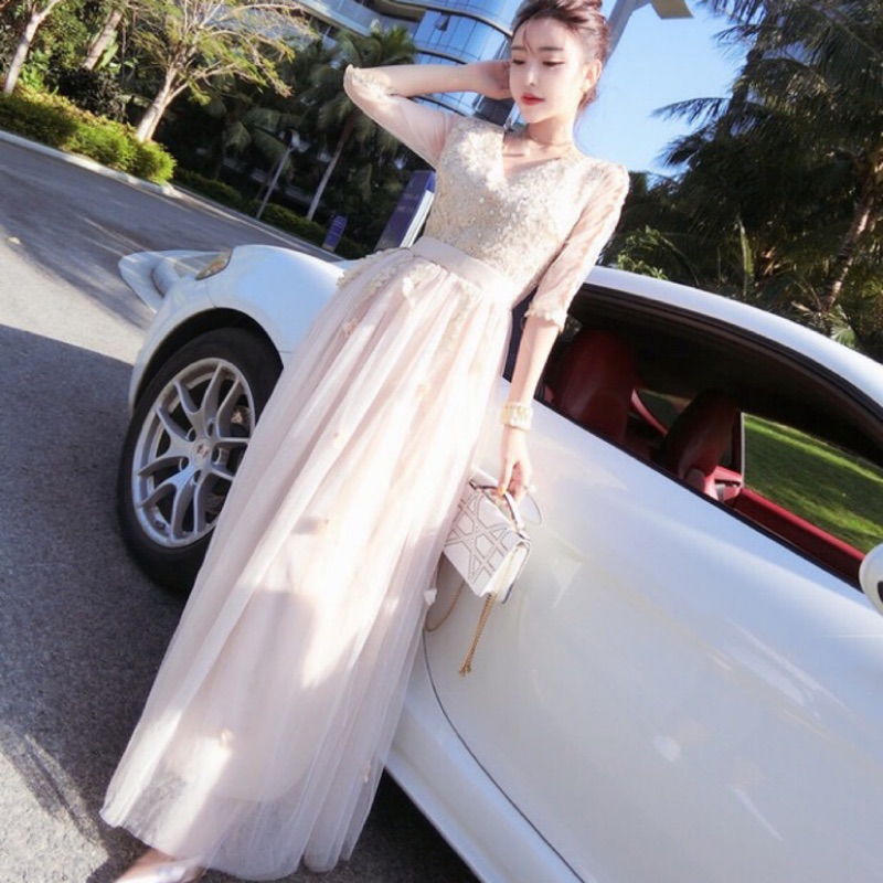 ❤️現貨在台，.白 名媛 小香風 氣質 仙女 V領 性感 網紗 高腰 伴娘 新娘 禮服 修身 顯瘦 長裙 連衣裙-細節圖2