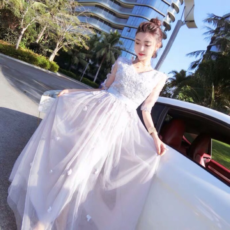 ❤️現貨在台，.白 名媛 小香風 氣質 仙女 V領 性感 網紗 高腰 伴娘 新娘 禮服 修身 顯瘦 長裙 連衣裙-細節圖3