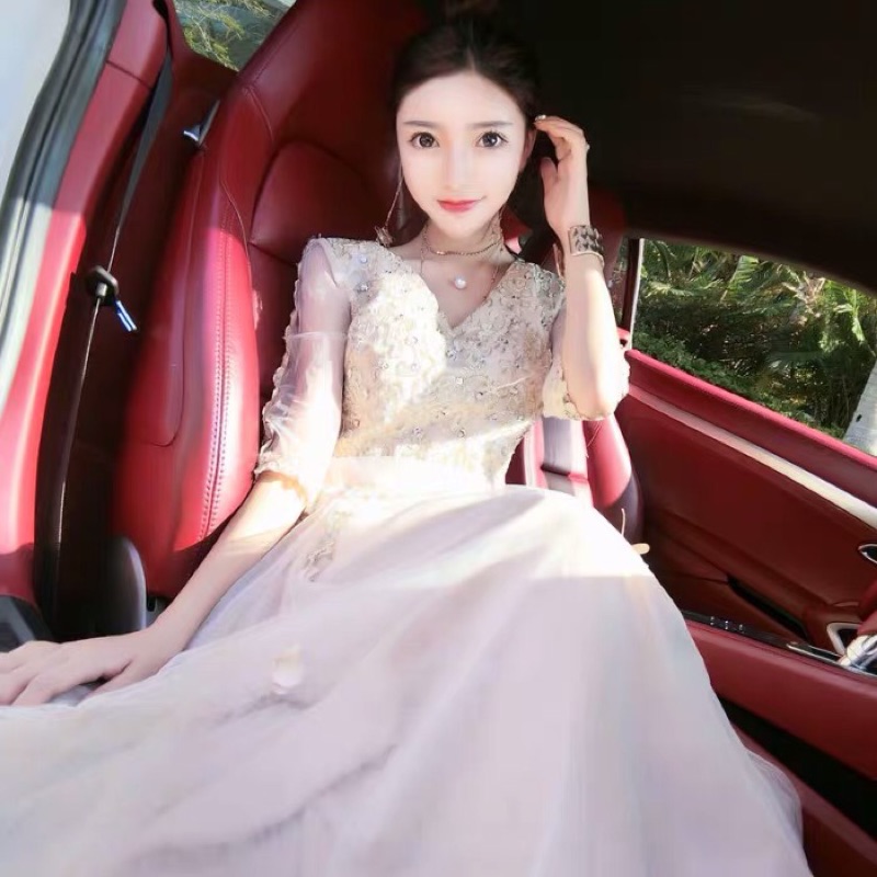 ❤️現貨在台，.白 名媛 小香風 氣質 仙女 V領 性感 網紗 高腰 伴娘 新娘 禮服 修身 顯瘦 長裙 連衣裙-細節圖4