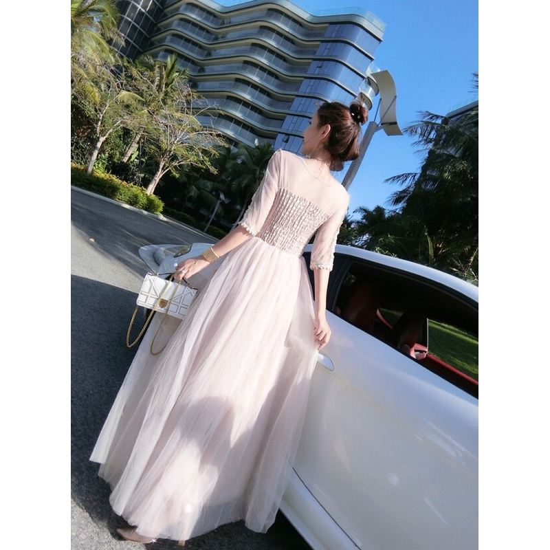 ❤️現貨在台，.白 名媛 小香風 氣質 仙女 V領 性感 網紗 高腰 伴娘 新娘 禮服 修身 顯瘦 長裙 連衣裙-細節圖5