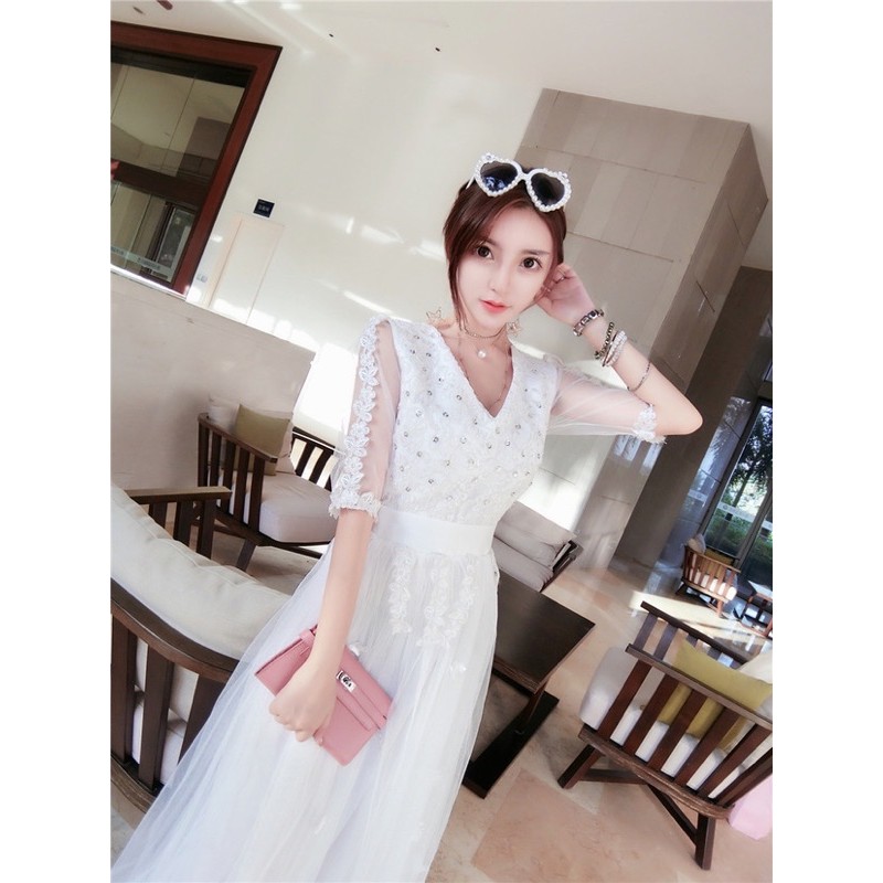 ❤️現貨在台，.白 名媛 小香風 氣質 仙女 V領 性感 網紗 高腰 伴娘 新娘 禮服 修身 顯瘦 長裙 連衣裙-細節圖9