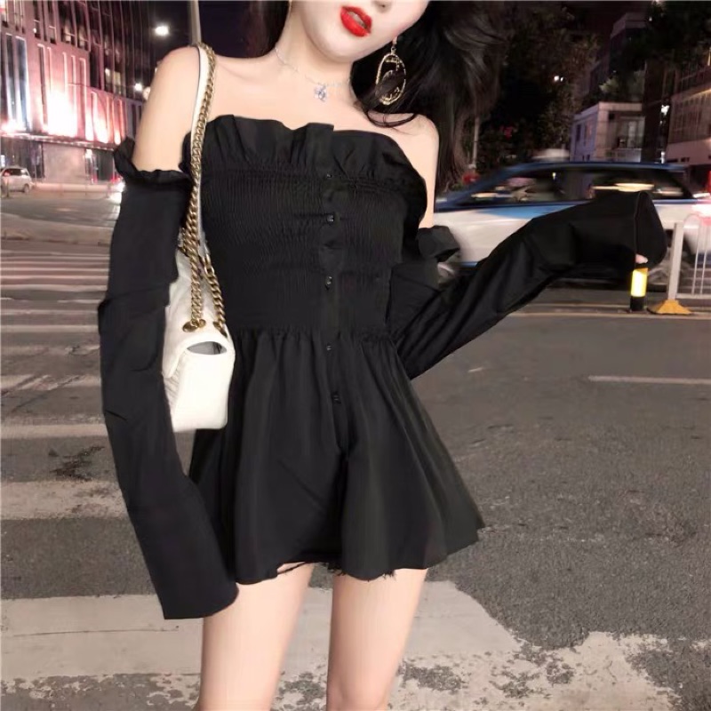 ❤️現貨在台，黑.白 長袖 夜店 女神 長版 網紅 主播 性感 木耳邊 一字領 美肩 露肩 小心機 襯衫 上衣-細節圖2