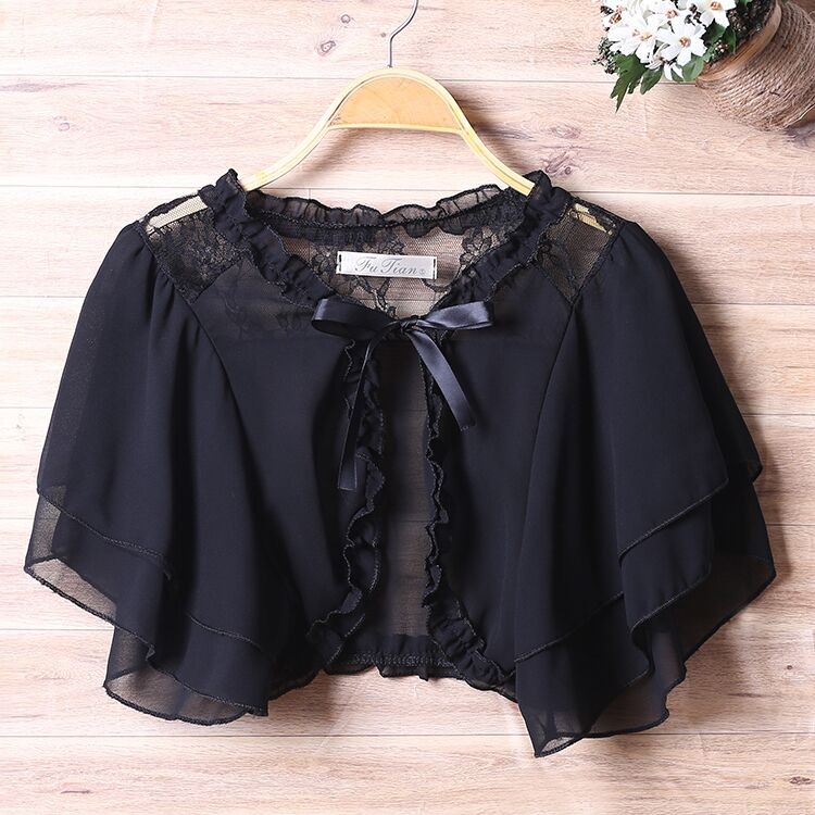 *現貨在台，粉.黑 雪紡 蕾絲 小披肩 短外套 防曬外套 婚紗 小外套 禮服 罩衫 短版 花邊 仙女 新娘 伴娘-細節圖4