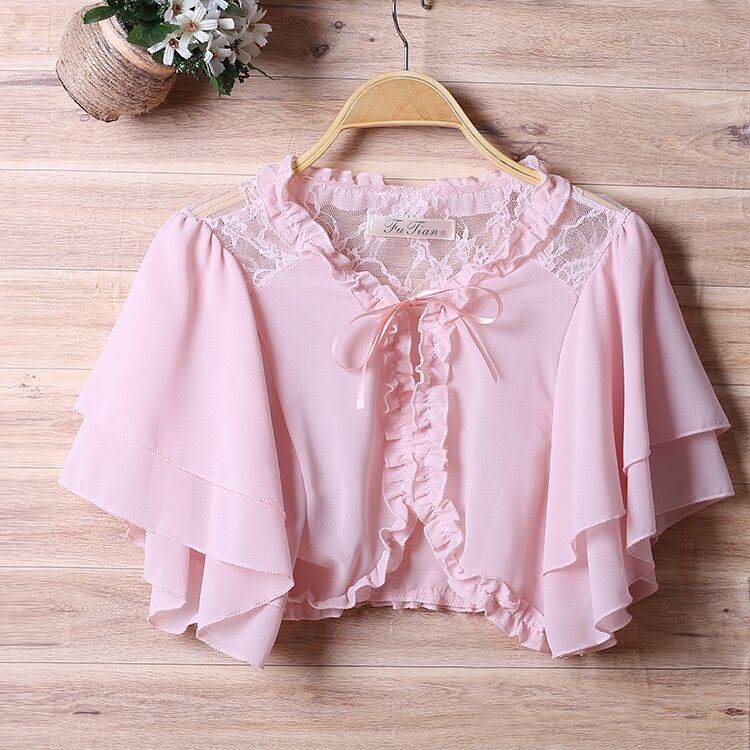 *現貨在台，粉.黑 雪紡 蕾絲 小披肩 短外套 防曬外套 婚紗 小外套 禮服 罩衫 短版 花邊 仙女 新娘 伴娘-細節圖5