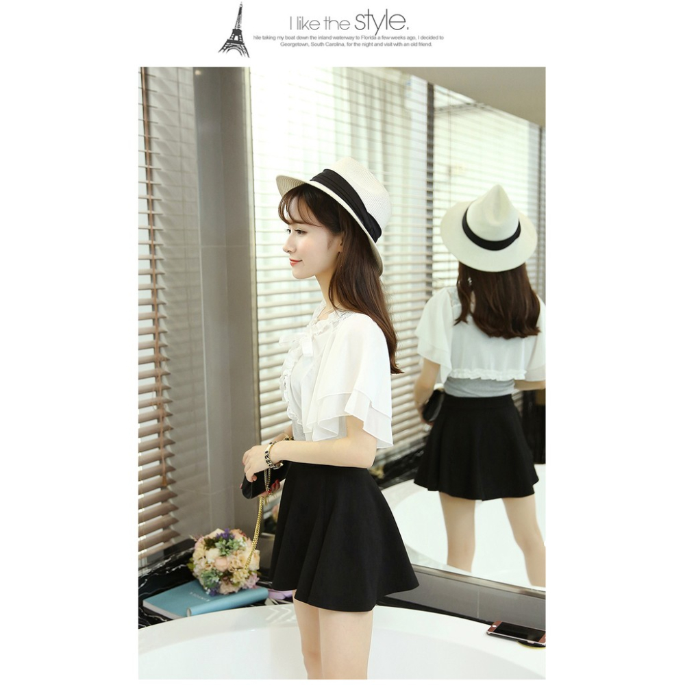 *現貨在台，粉.黑 雪紡 蕾絲 小披肩 短外套 防曬外套 婚紗 小外套 禮服 罩衫 短版 花邊 仙女 新娘 伴娘-細節圖7