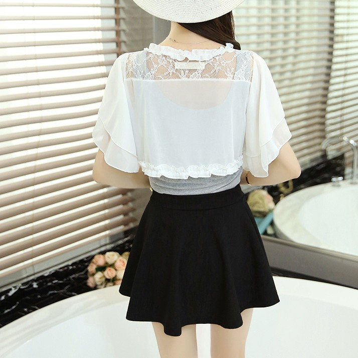 *現貨在台，粉.黑 雪紡 蕾絲 小披肩 短外套 防曬外套 婚紗 小外套 禮服 罩衫 短版 花邊 仙女 新娘 伴娘-細節圖8