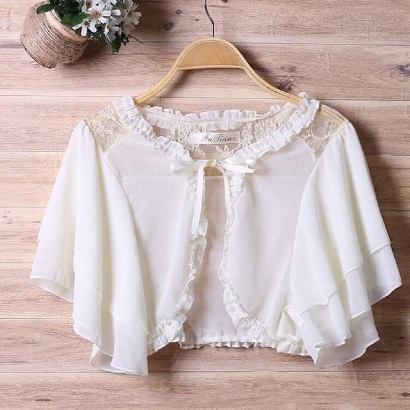 *現貨在台，粉.黑 雪紡 蕾絲 小披肩 短外套 防曬外套 婚紗 小外套 禮服 罩衫 短版 花邊 仙女 新娘 伴娘-細節圖9