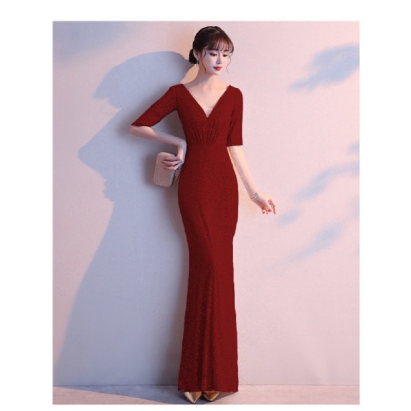 ❤️現貨在台，黑S.M.L 性感 女神 洋裝 婚宴 喜宴 尾牙 v領 亮片 魚尾 高貴 優雅 年會 禮服 長裙 連衣裙-細節圖3