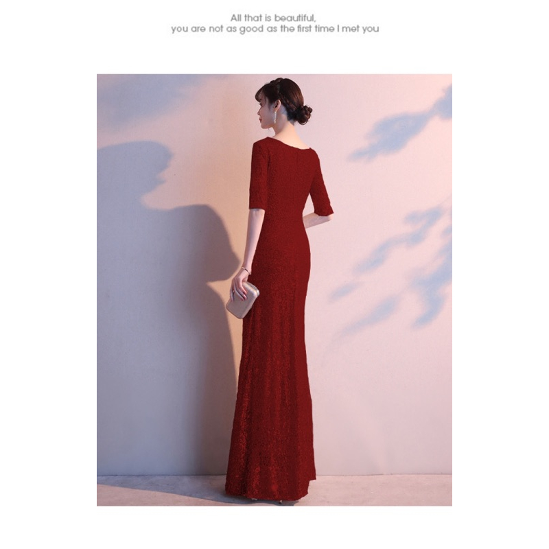 ❤️現貨在台，黑S.M.L 性感 女神 洋裝 婚宴 喜宴 尾牙 v領 亮片 魚尾 高貴 優雅 年會 禮服 長裙 連衣裙-細節圖4