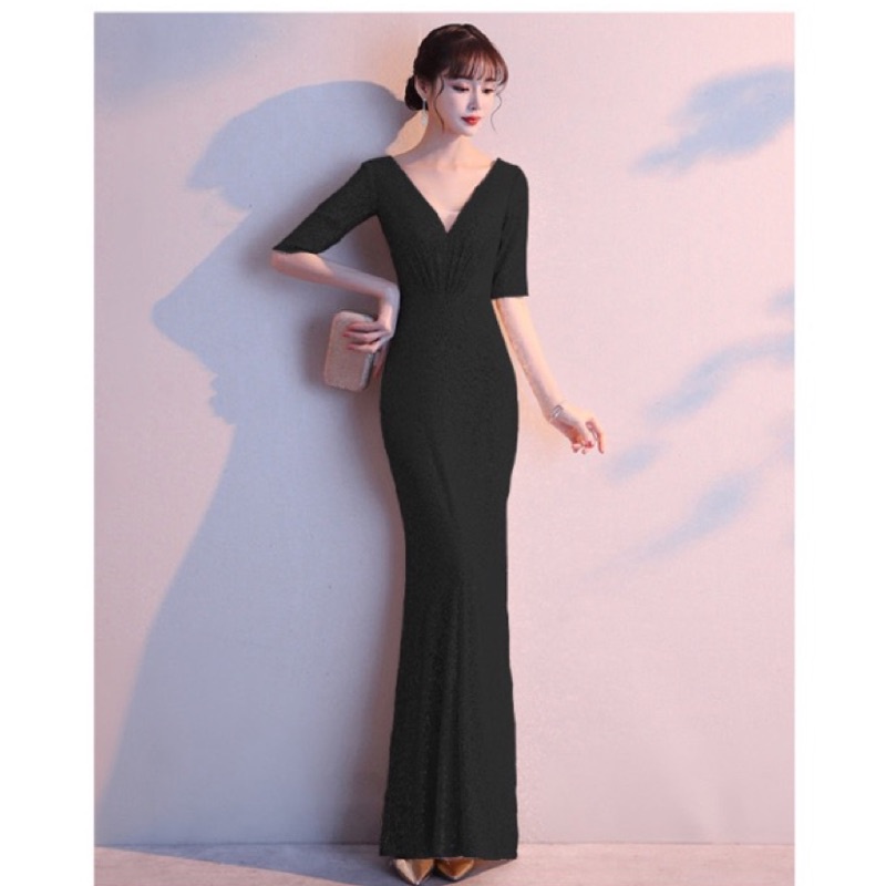 ❤️現貨在台，黑S.M.L 性感 女神 洋裝 婚宴 喜宴 尾牙 v領 亮片 魚尾 高貴 優雅 年會 禮服 長裙 連衣裙-細節圖5