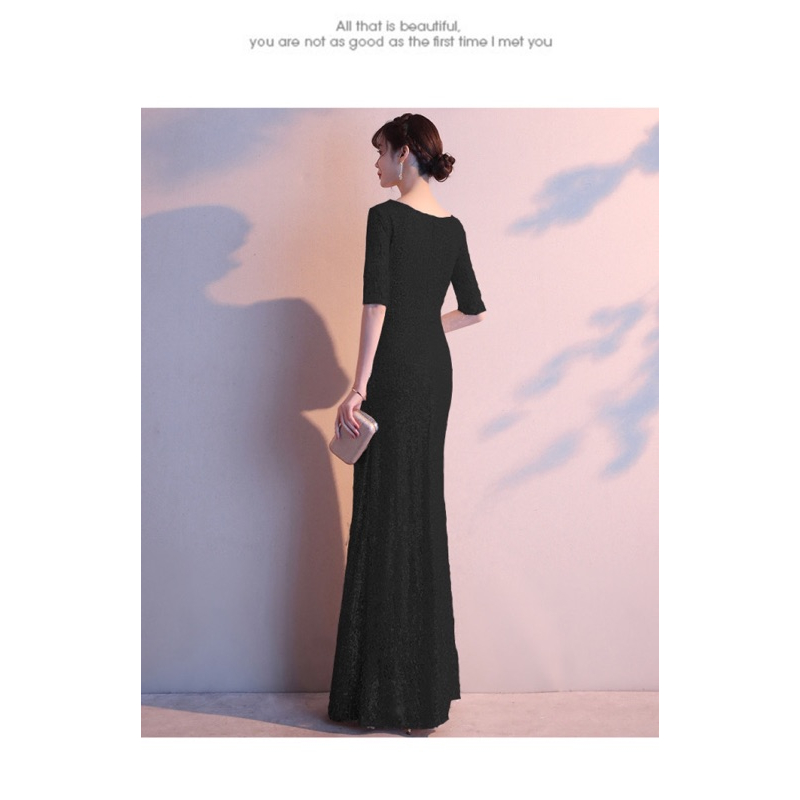 ❤️現貨在台，黑S.M.L 性感 女神 洋裝 婚宴 喜宴 尾牙 v領 亮片 魚尾 高貴 優雅 年會 禮服 長裙 連衣裙-細節圖6