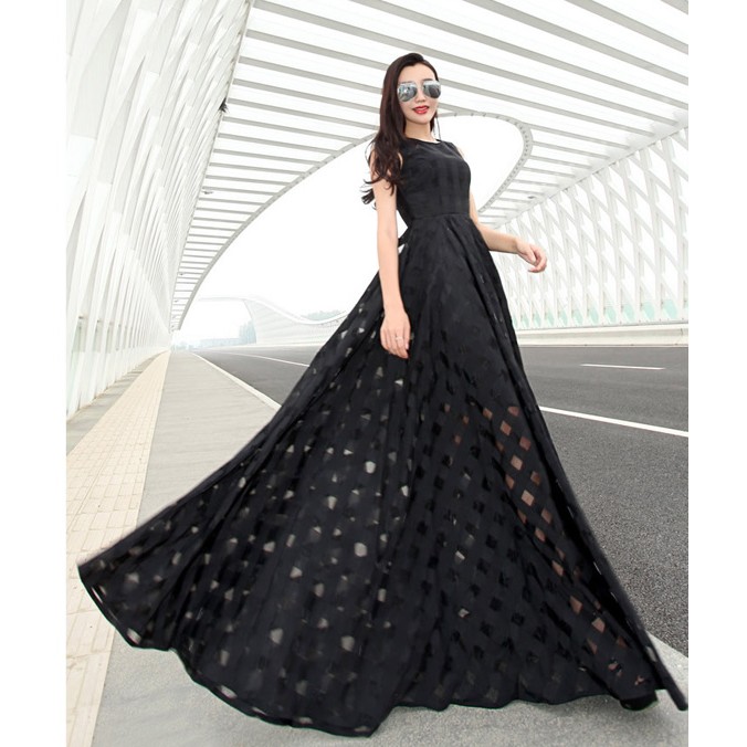 *現貨在台，黑M 大裙擺 禮服 大擺 格子 長裙 性感 女神 外拍 禮服 洋裝-細節圖3