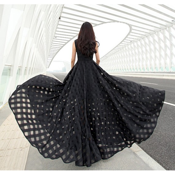 *現貨在台，黑M 大裙擺 禮服 大擺 格子 長裙 性感 女神 外拍 禮服 洋裝-細節圖6