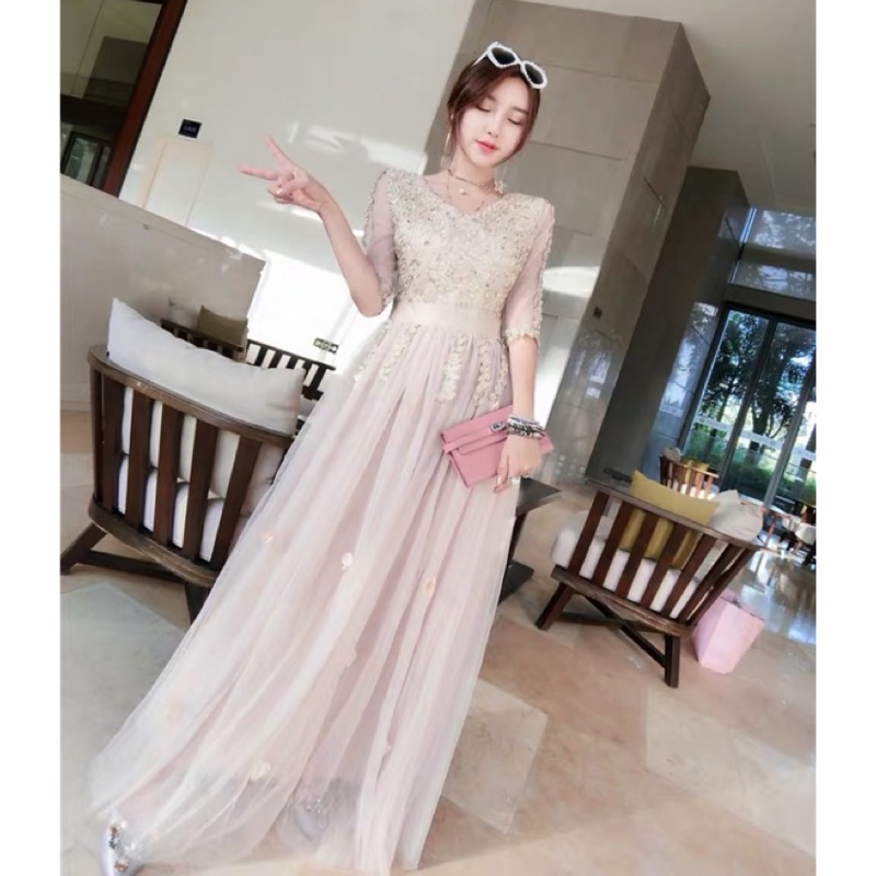 ❤️現貨在台，白 新娘 名媛 小香風 氣質 仙女 V領 性感 網紗 高腰 伴娘 新娘 禮服 修身 顯瘦 長裙 連衣裙-細節圖2