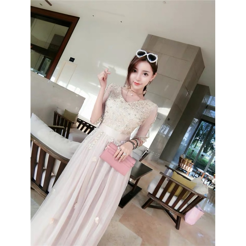 ❤️現貨在台，白 新娘 名媛 小香風 氣質 仙女 V領 性感 網紗 高腰 伴娘 新娘 禮服 修身 顯瘦 長裙 連衣裙-細節圖6