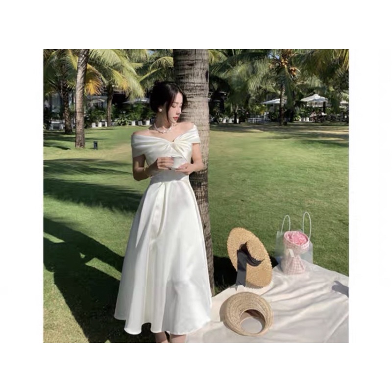 ❤️現貨在台，XS- XL 法式 小眾 禮服 伴娘 緞面 婚宴 白色 仙女 連衣裙 蝴蝶結 平口 一字領 抹胸 長裙-細節圖5