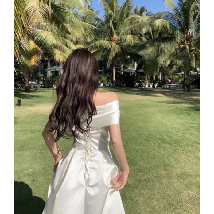 ❤️現貨在台，XS- XL 法式 小眾 禮服 伴娘 緞面 婚宴 白色 仙女 連衣裙 蝴蝶結 平口 一字領 抹胸 長裙-細節圖6