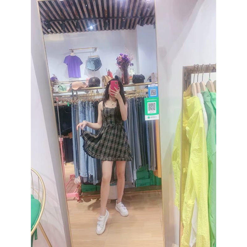 ❤️現貨在台，XL(S- 2XL) 低胸 清新 格子 性感 吊帶 細肩帶 顯瘦 小個子 連衣裙 洋裝 禮服-細節圖6