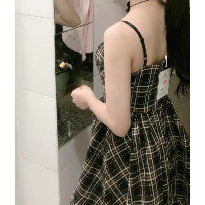 ❤️現貨在台，XL(S- 2XL) 低胸 清新 格子 性感 吊帶 細肩帶 顯瘦 小個子 連衣裙 洋裝 禮服-細節圖8