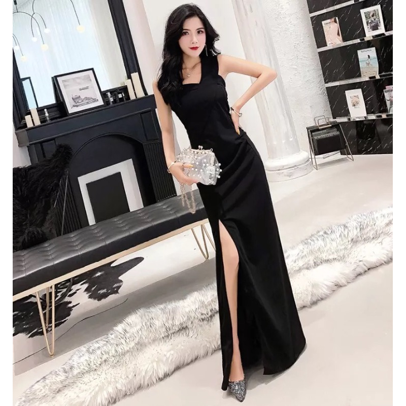 ❤️藍.黑.紅SML 氣質 性感 露背 單肩 修身 包臀 連衣裙 長裙 主持人 禮服 伴娘 晚禮服 洋裝 開叉-細節圖2