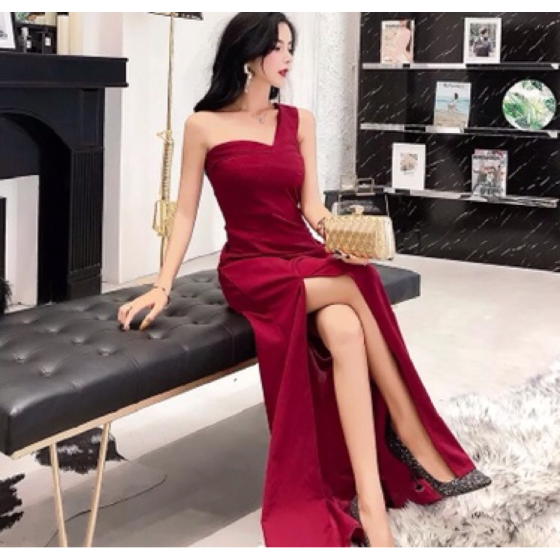 ❤️藍.黑.紅SML 氣質 性感 露背 單肩 修身 包臀 連衣裙 長裙 主持人 禮服 伴娘 晚禮服 洋裝 開叉-細節圖3
